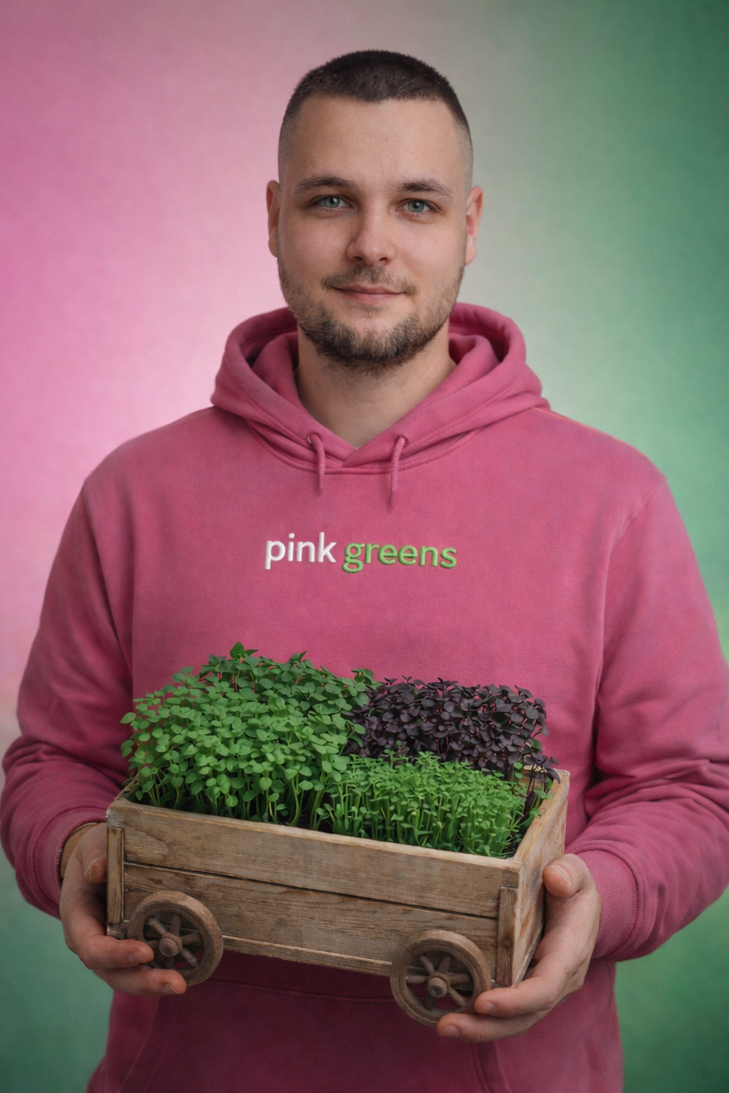 Portrét autora Pink Greens s mikrobilinkami v rukách