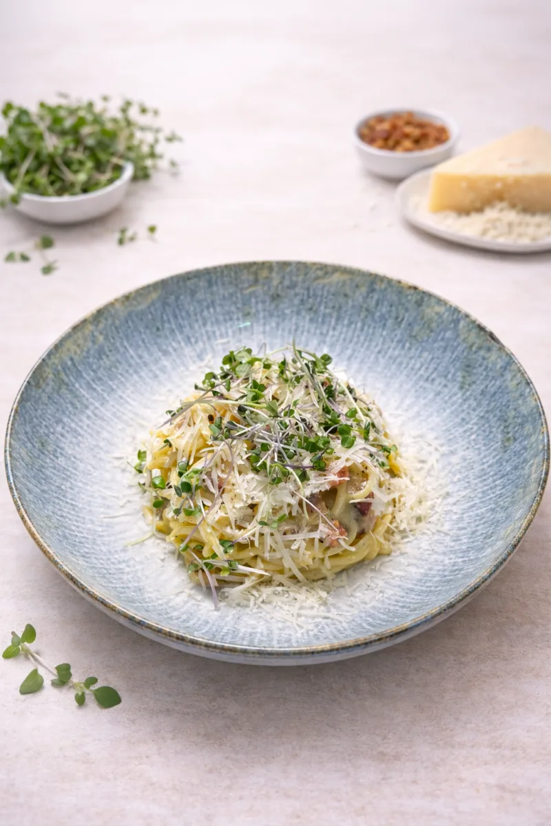 Špagety carbonara v bielom tanieri