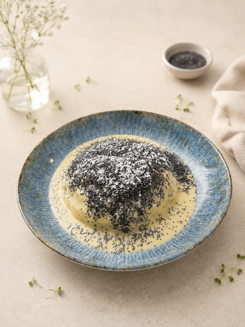 Germknödel s vanilkovou omáčkou, makom a práškovým cukrom