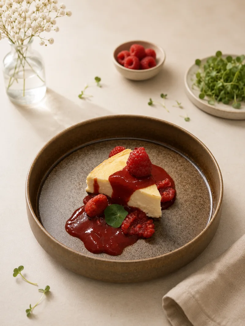 Jemný vanilkový cheesecake s jahodovým coulis a mikrobylinkami Pink Greens