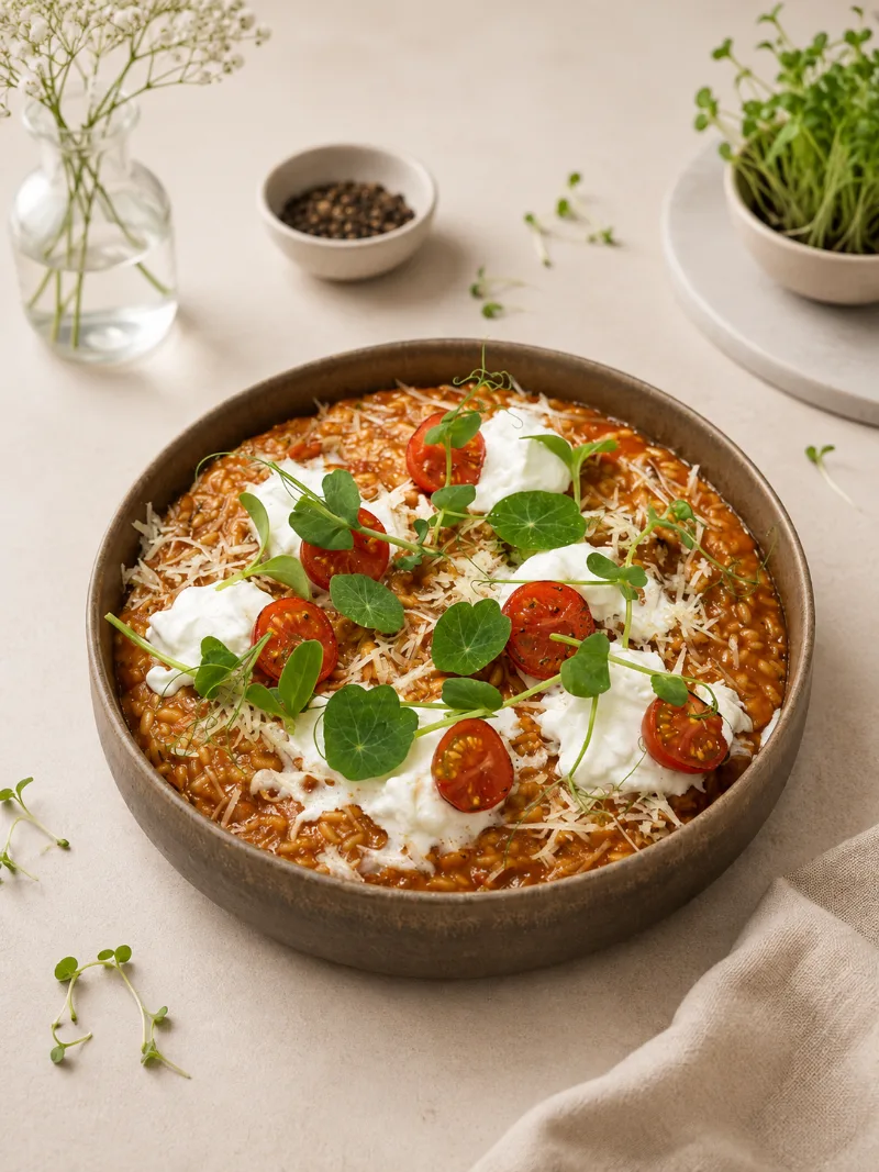 Krémové paradajkové risotto s burratou, cherry paradajkami a mikrobylinkami Pink Greens