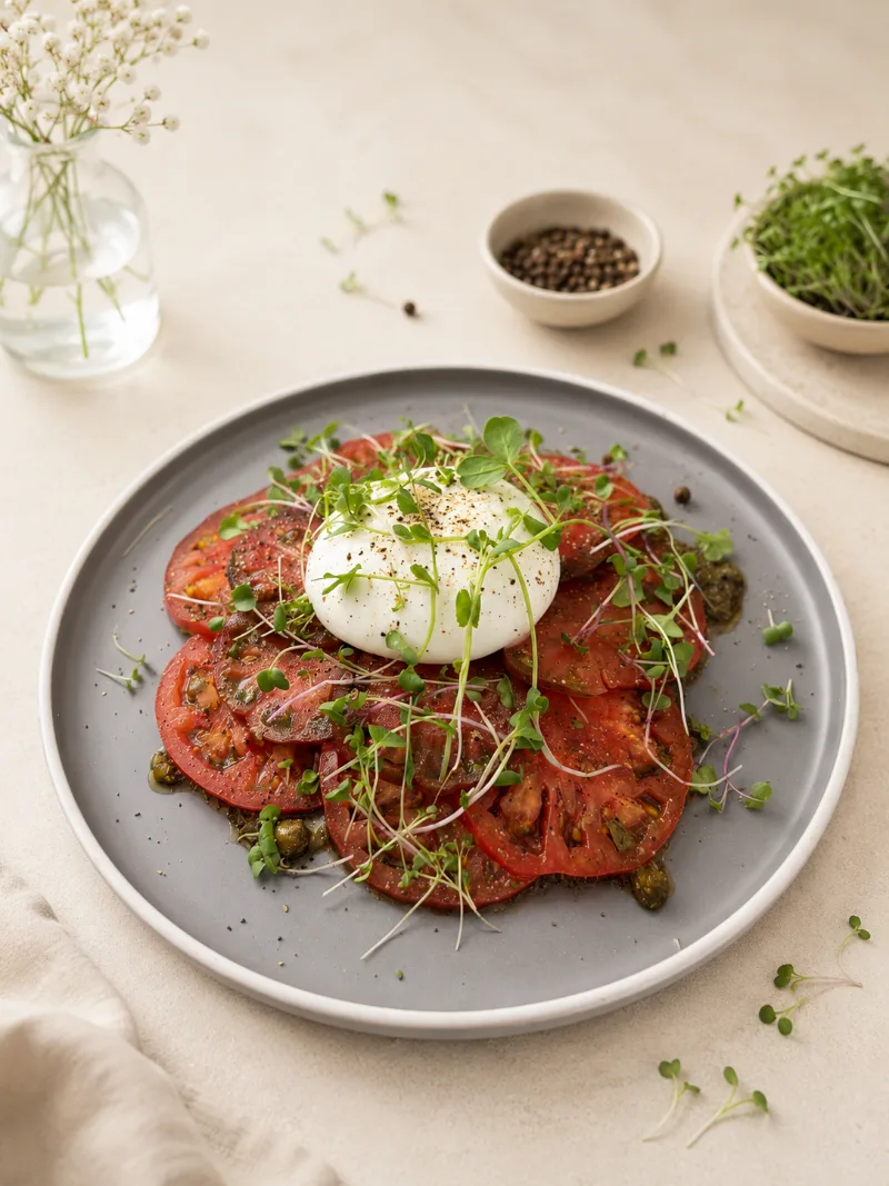 Paradajkové carpaccio s burratou, kaparami a mikrobylinkami Pink Greens