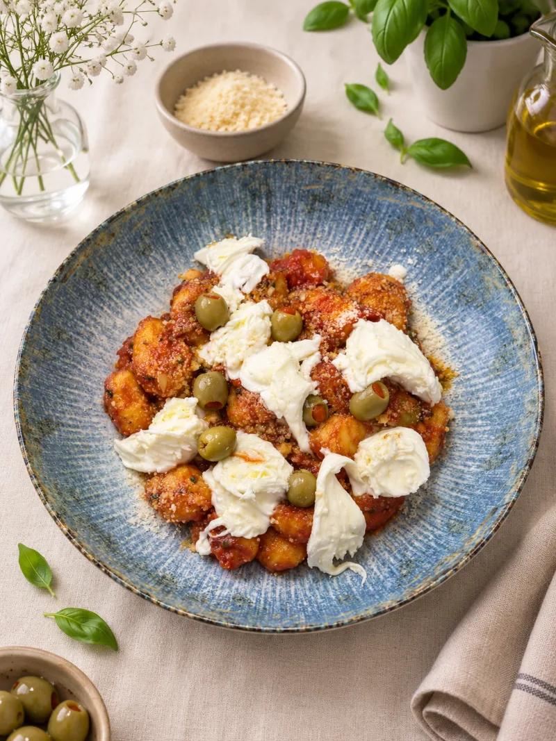 Paradajkové gnocchi s jemnou mozzarellou, parmezánom a olivami