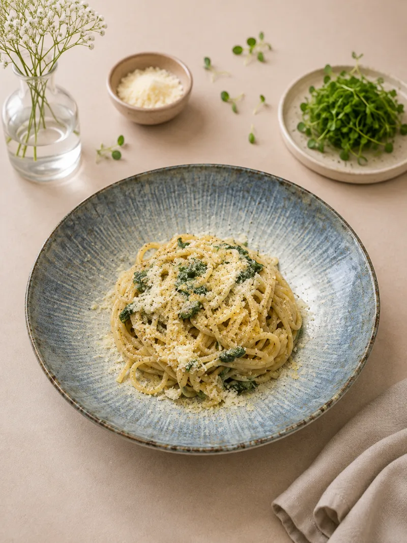 Špagety aglio olio s cesnakom, olivovým olejom, petržlenom, parmezánom a mikrobylinkami Pink Greens