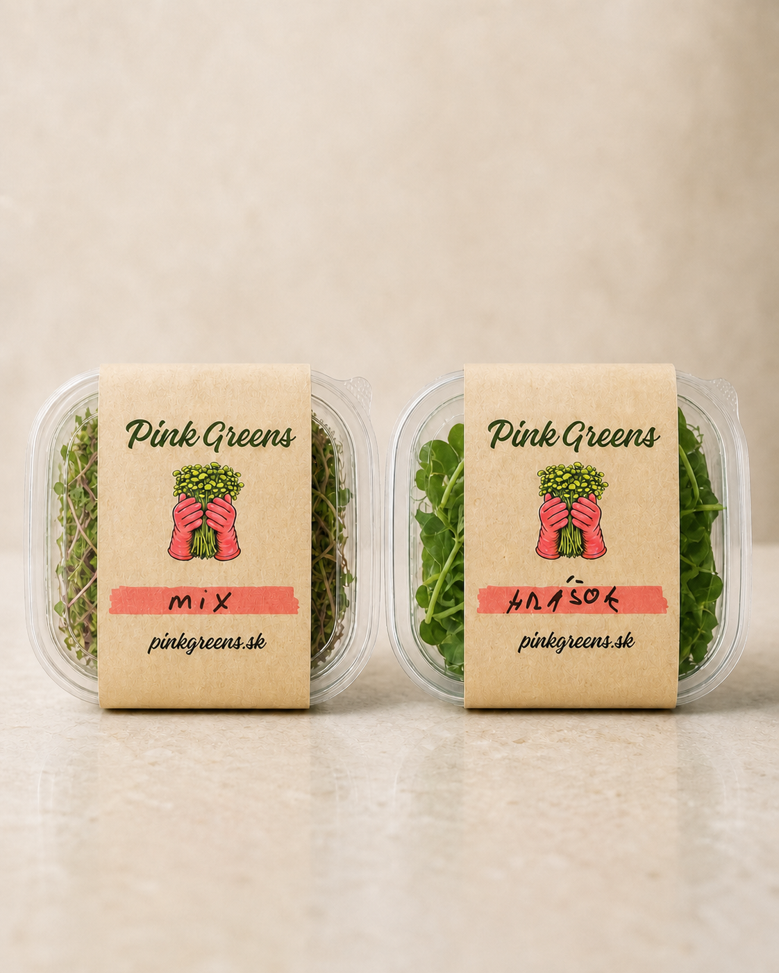 Predná strana balíčkov Pink Greens mix a hrášok