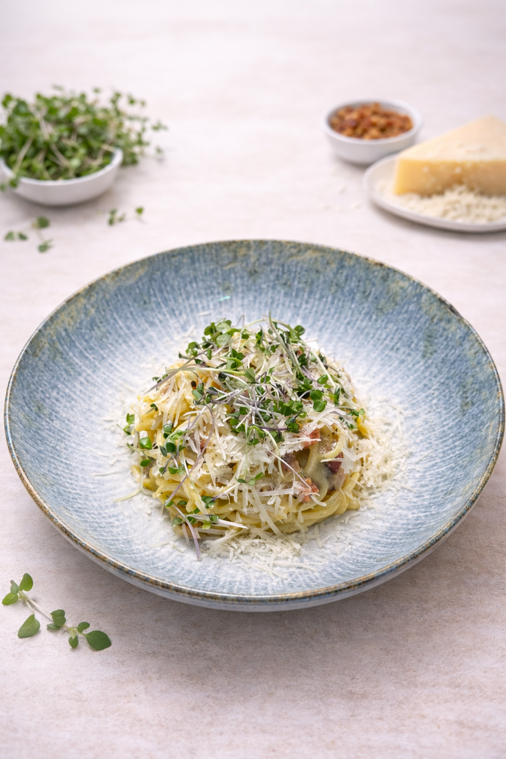 Špagety carbonara v bielom tanieri