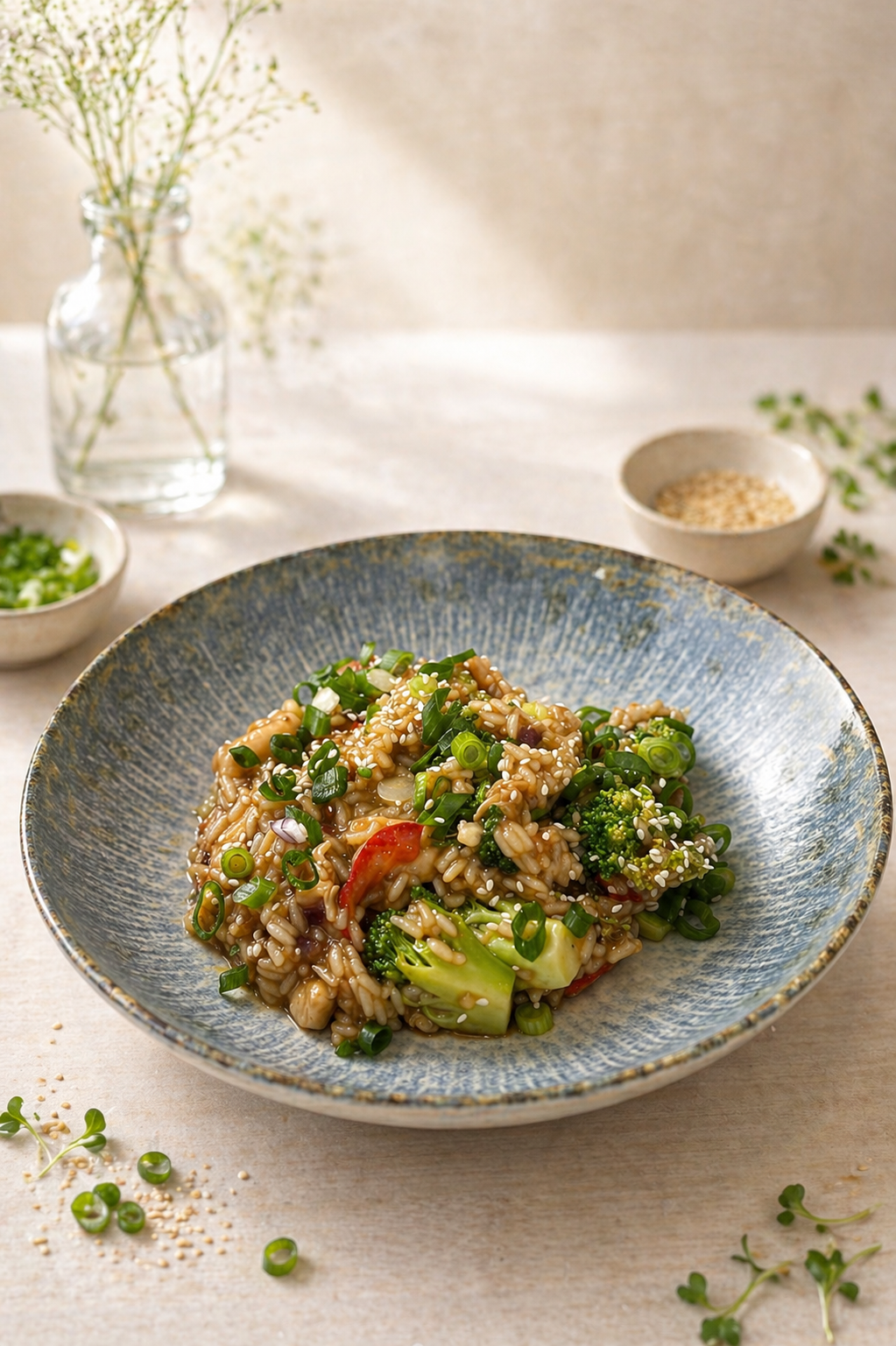 Pražená ázijská ryža so sezamom, jarnou cibuľkou a zeleninou